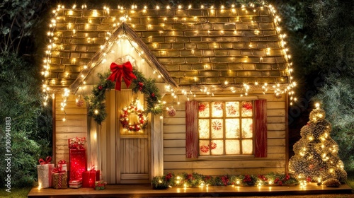 Festive house adorned with twinkling Christmas lights, featuring a tree and gifts.