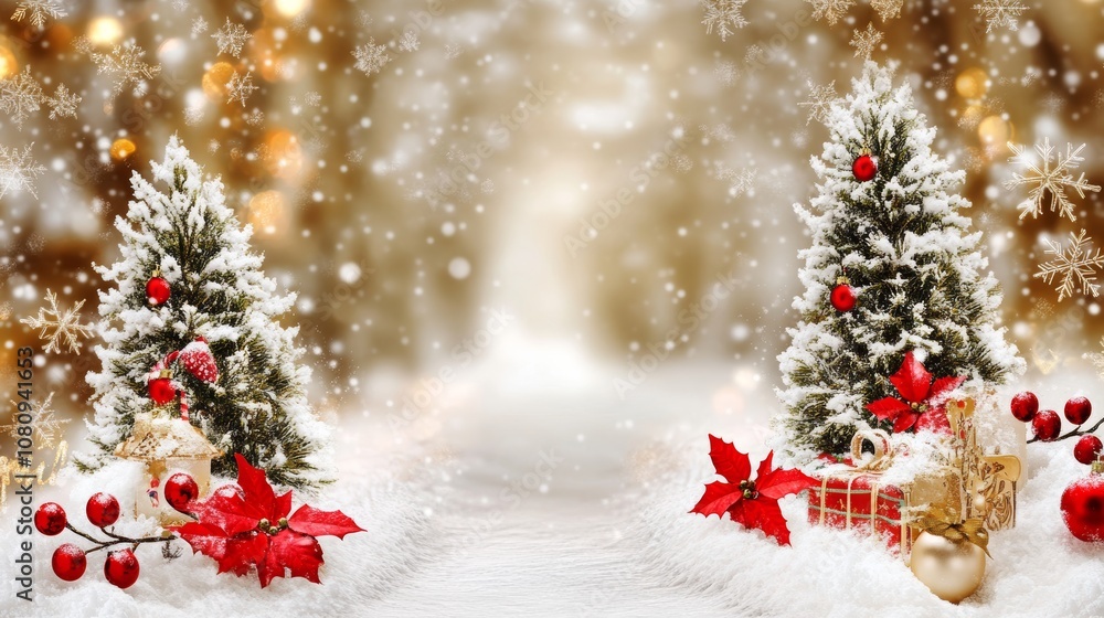 Enchanting snowy forest adorned with festive Christmas trees and sparkling decorations. Enchanting snowy forest adorned with festive Christmas trees and sparkling decorations.