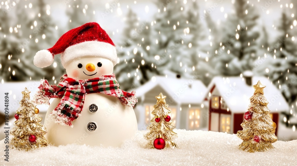 Snowman adorned with a red hat and scarf, set against a snowy backdrop. Snowman adorned with a red hat and scarf, set against a snowy backdrop.