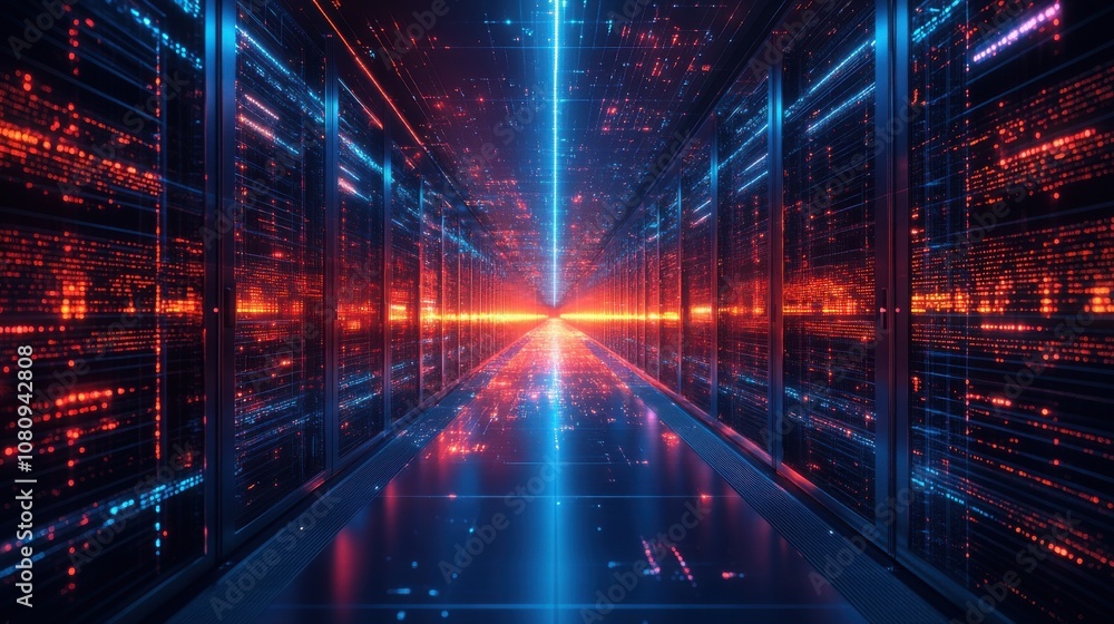 A futuristic server room illuminated by glowing red and blue lights. The data center is full of servers with blinking lights, signifying the processing and transfer of information. A futuristic server room illuminated by glowing red and blue lights. The data center is full of servers with blinking lights, signifying the processing and transfer of information.