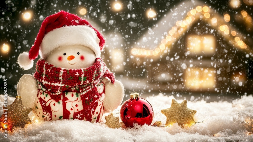 Snowman adorned with a vibrant red scarf and hat, set against a snowy backdrop. Snowman adorned with a vibrant red scarf and hat, set against a snowy backdrop.