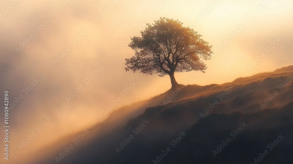 A lone tree standing tall, its roots deep in the earth, symbolizing commitment and stability, surrounded by fog and soft sunlight A lone tree standing tall, its roots deep in the earth, symbolizing commitment and stability, surrounded by fog and soft sunlight