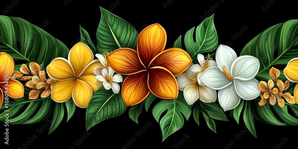 Fototapeta premium Seamless border of tropical flowers with orange, yellow, white petals and green leaves on a black background.