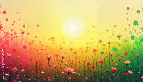 Card, сolorful flower field at sunset with vibrant colors and soft light