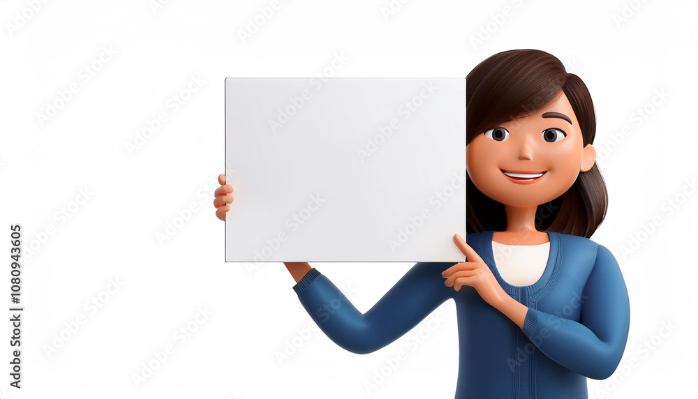 Young smiling woman holding empty placard or banner. 3d vector people character illustration.Cartoon minimal style. Young smiling woman holding empty placard or banner. 3d vector people character illustration.Cartoon minimal style.