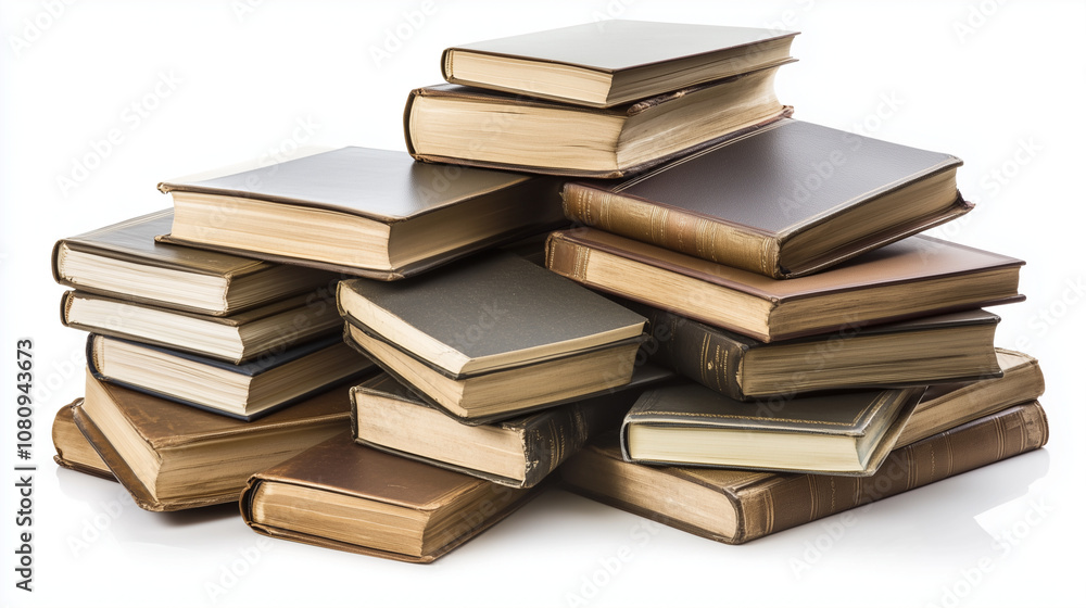A stack of weathered books with classic bindings telling the tales of ages past. A stack of weathered books with classic bindings telling the tales of ages past.