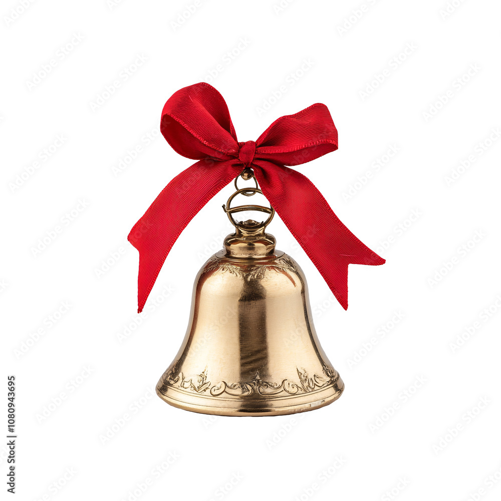 A classic Christmas bell made of shiny brass with a red ribbon bow A classic Christmas bell made of shiny brass with a red ribbon bow