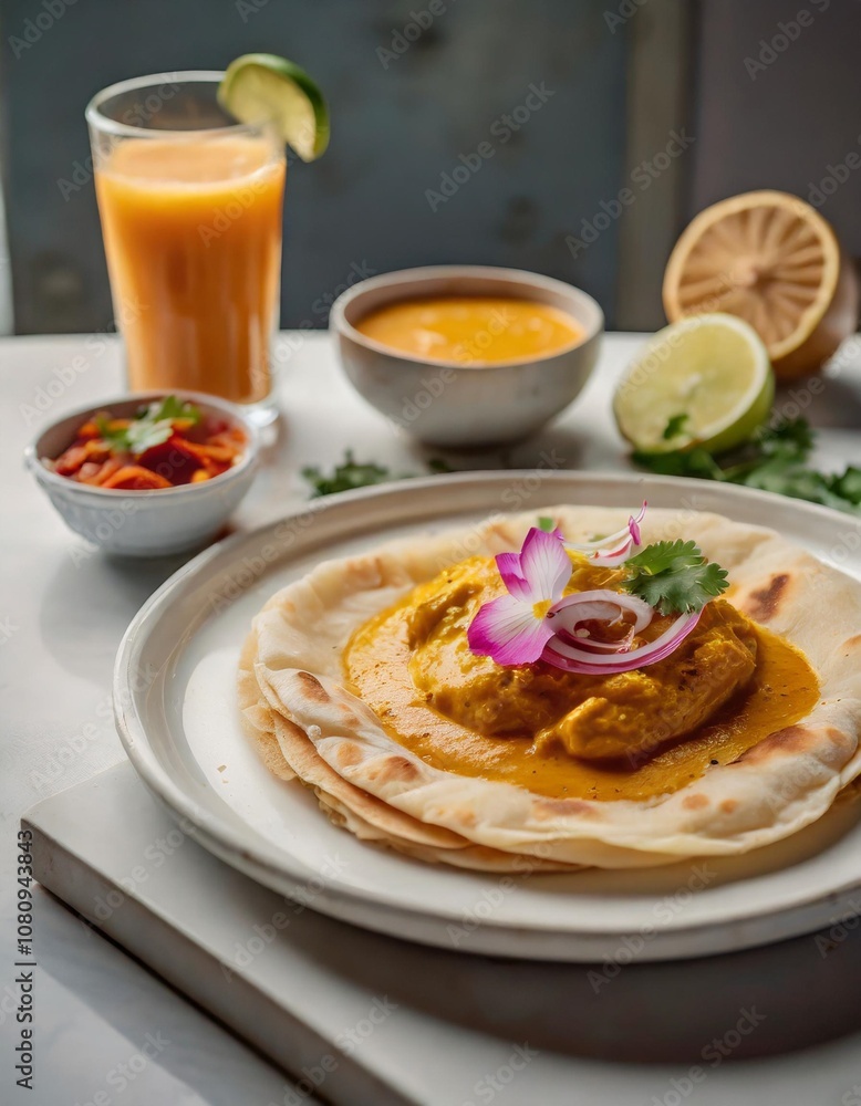A Vibrant Spread of Fresh Roti Canai with Curry, Paired with Freshly Squeezed Juice and Garnishes, Captured in Soft Natural Light on a Minimalist Table Setting A Vibrant Spread of Fresh Roti Canai with Curry, Paired with Freshly Squeezed Juice and Garnishes, Captured in Soft Natural Light on a Minimalist Table Setting