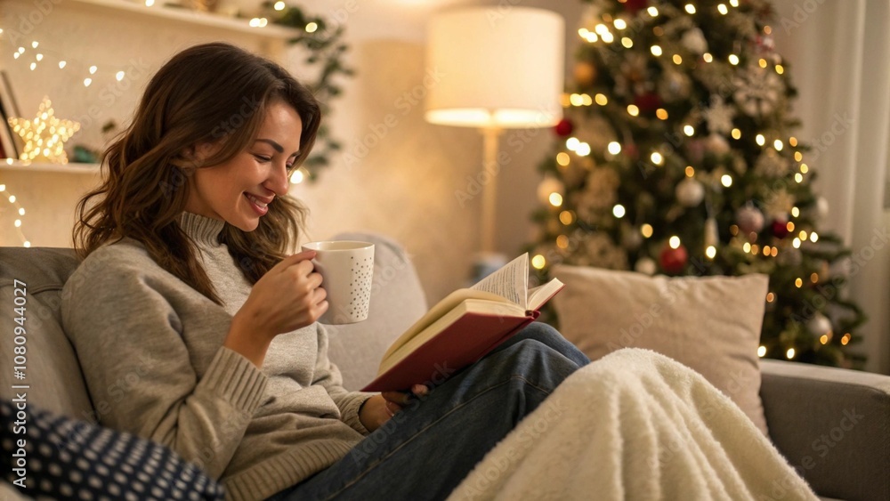 A beautiful young woman relaxing at home on New Year's Eve, reading a book and enjoying a coffee. Cozy and festive holiday ambiance. A beautiful young woman relaxing at home on New Year's Eve, reading a book and enjoying a coffee. Cozy and festive holiday ambiance.
