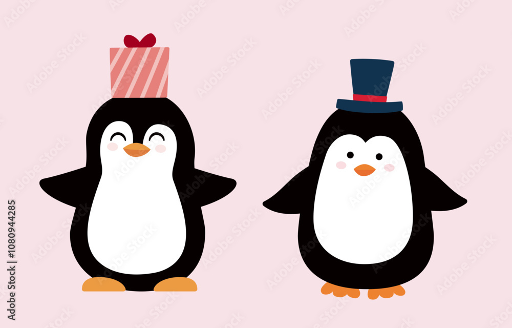 Fototapeta premium Set of cute Christmas penguins vector illustration. flat style christmas penguin svg. 