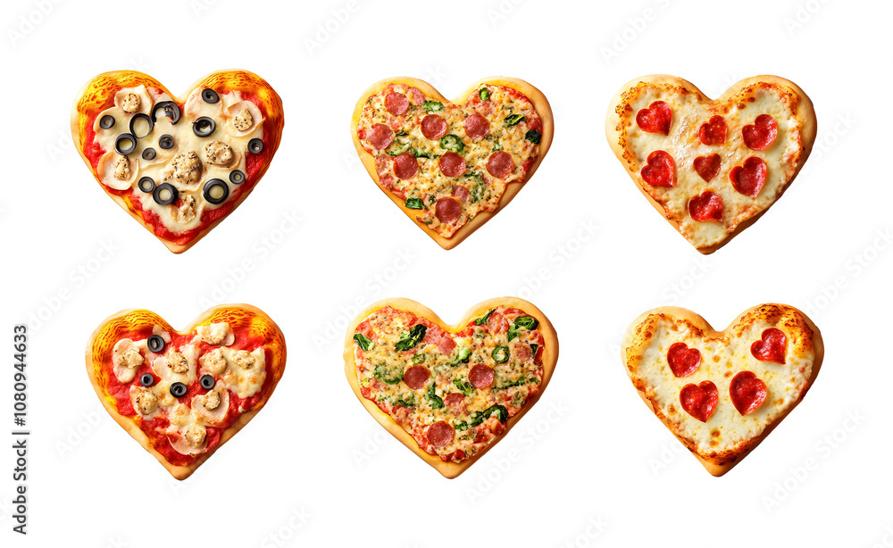 Set of heart-shaped pizzas on a transparent background. isolated background. Set of heart-shaped pizzas on a transparent background. isolated background.