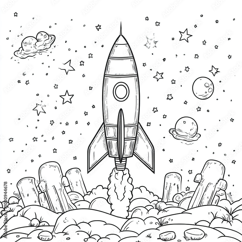 Fototapeta premium Rocket launching into space outer space line art illustration cosmic environment aerial view exploration concept