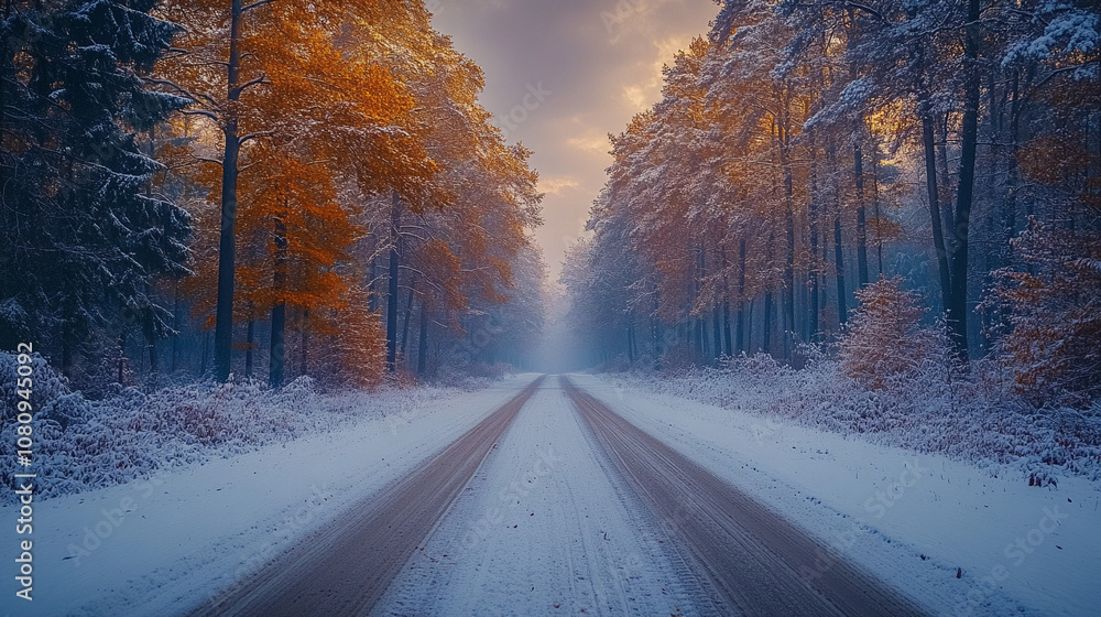 Obraz premium Peaceful Winter Road Winding Through the Trees creating a serene and tranquil winter scene.