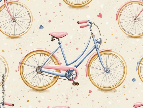 Seamless pattern with vintage blue and pink bicycle on a light beige background with hearts and dots. photo