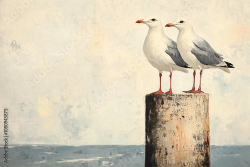 Wallpaper Mural An artistic painting of two seagulls resting on a post by the ocean. Torontodigital.ca