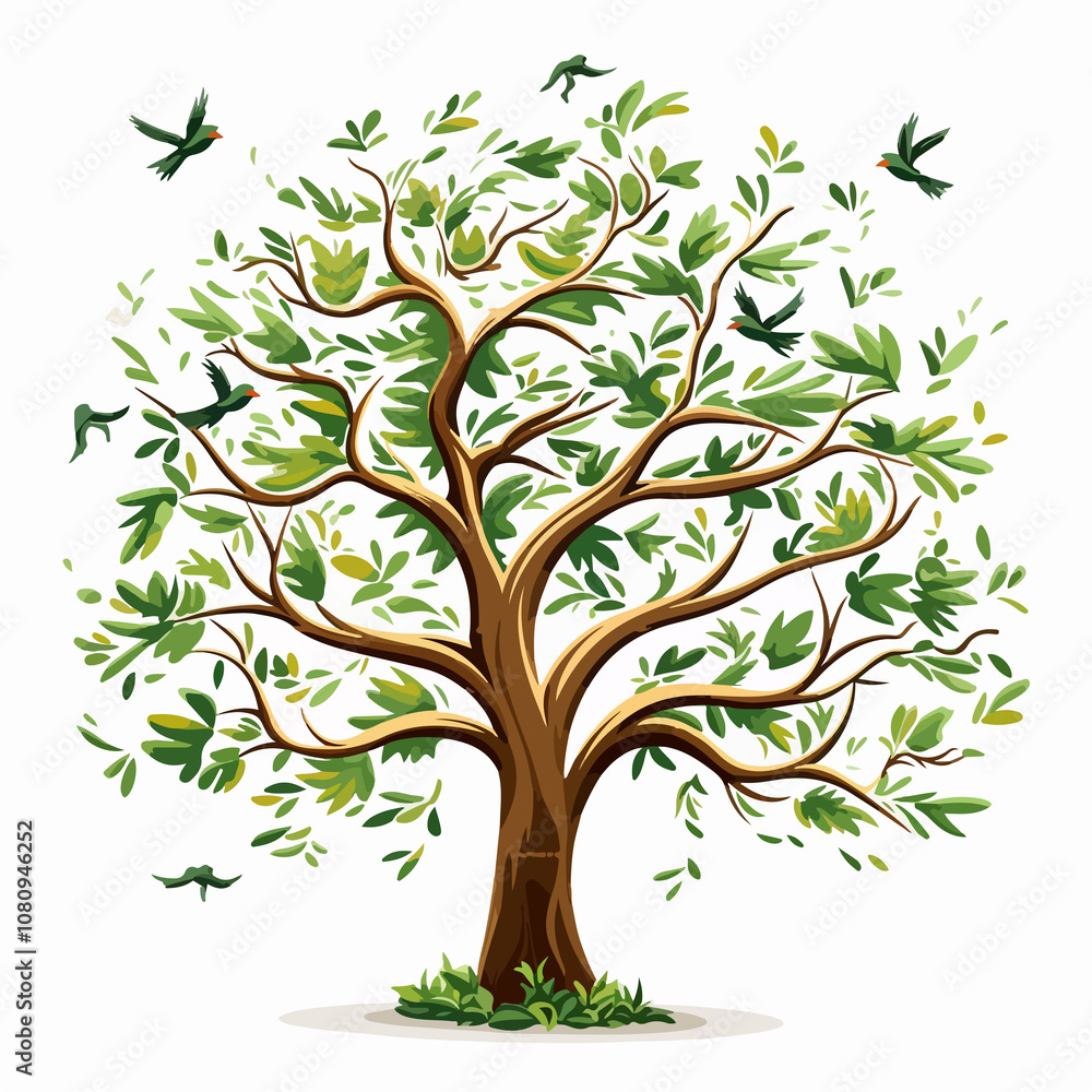 Whimsical Tree and Birds Illustration on White Background Whimsical Tree and Birds Illustration on White Background