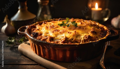 Rich and Hearty Meat Casserole Baked to Perfection with Melted Cheese Topping, Captured in a Dark and Moody Kitchen Setup with a Rustic Casserole Dish