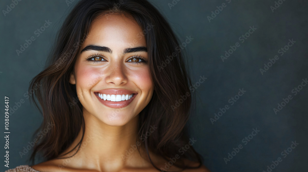 Headshot of a cheerful young woman with long brown hair smiling, showing perfect white teeth Headshot of a cheerful young woman with long brown hair smiling, showing perfect white teeth