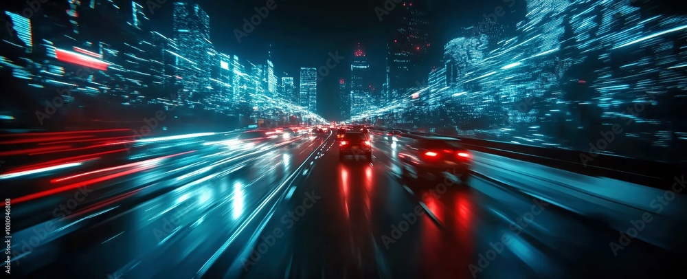 Night scene of a city road with speeding cars, highlighted by red and blue light trails Night scene of a city road with speeding cars, highlighted by red and blue light trails