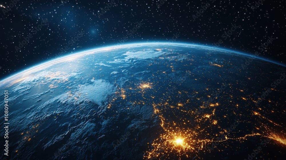 Fototapeta premium Nightly planet Earth in outer space with visible civilization elements.