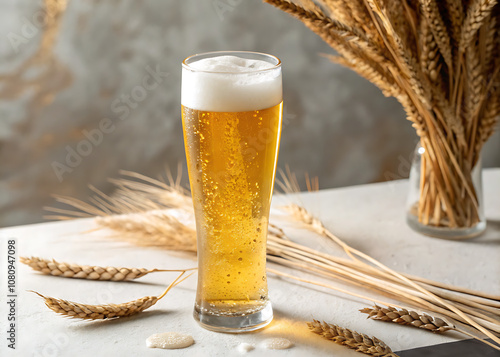 A tall glass of beer with a thick head of foam stands on a white table surrounded by wheat spikes. photo