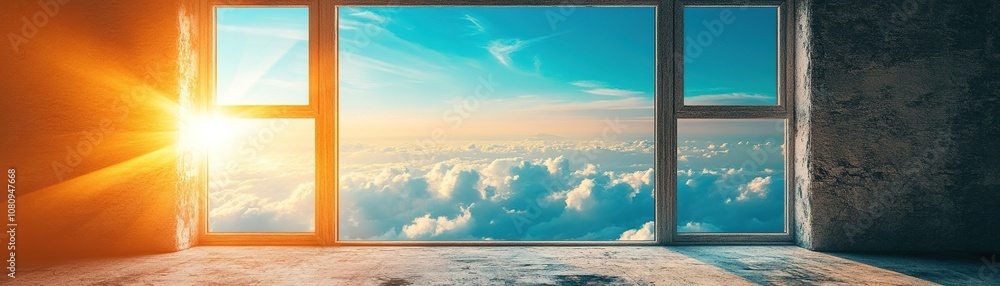Obraz premium Sunrise view from window overlooking clouds modern room photograph serene atmosphere wide angle inspirational perspective
