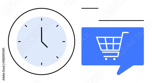 Clock displaying time next to a blue speech bubble with a shopping cart icon. Ideal for e-commerce, business time management, online shopping, efficiency, scheduling, digital marketing, consumer