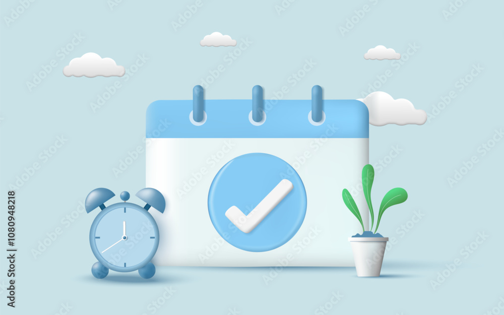 3d vector illustration of Calendar icon with correct sign and alarm clock. Work planning, Meeting reminder planner, Office deadline, Business planning, Appointment, Agenda mark date. Planning concept 3d vector illustration of Calendar icon with correct sign and alarm clock. Work planning, Meeting reminder planner, Office deadline, Business planning, Appointment, Agenda mark date. Planning concept