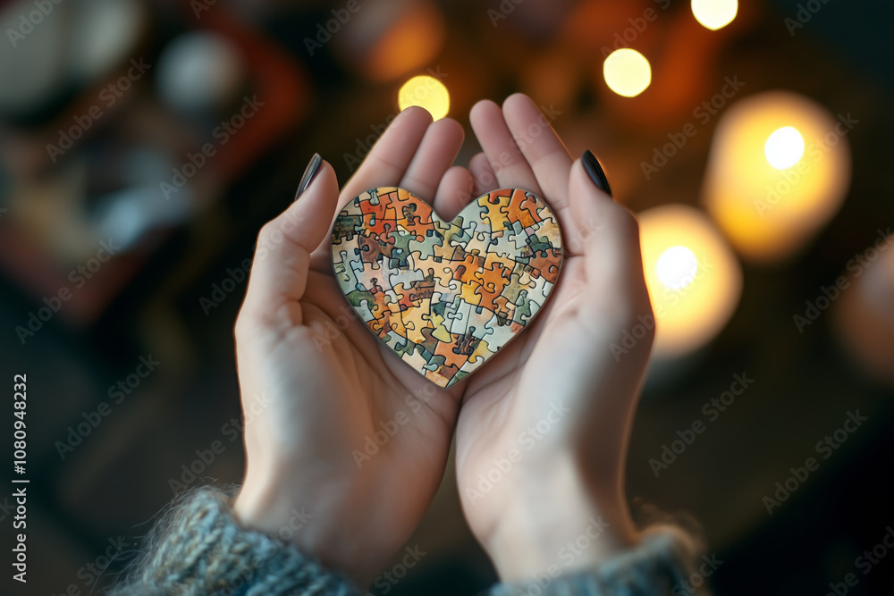 Woman hands holding a colorful jigsaw puzzle in the shape of a heart. Concept of building trust, love, care, and relationships. Woman hands holding a colorful jigsaw puzzle in the shape of a heart. Concept of building trust, love, care, and relationships.