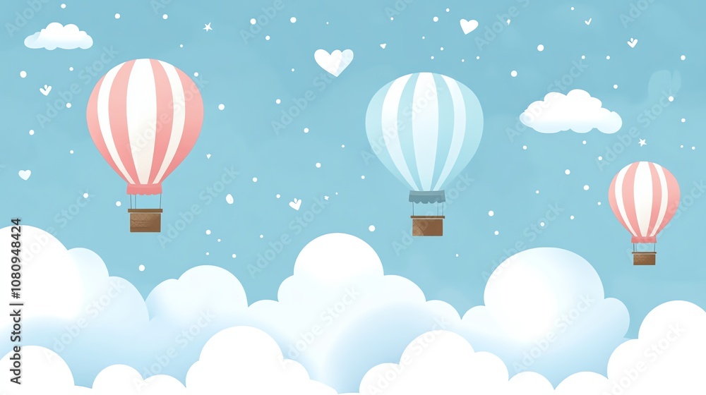 Obraz premium Three colorful hot air balloons fly above fluffy clouds in a light blue sky with white hearts.