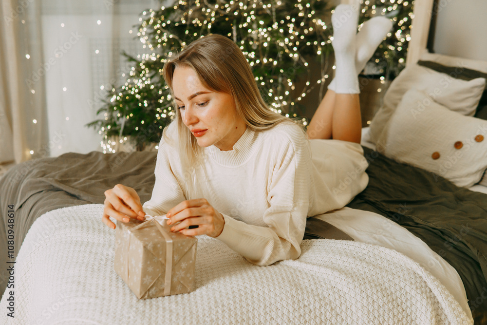 A blonde woman on a bed in a Scandinavian interior decorated for Christmas. A Christmas gift in a craft package. The period of the winter New Year holidays. A blonde woman on a bed in a Scandinavian interior decorated for Christmas. A Christmas gift in a craft package. The period of the winter New Year holidays.