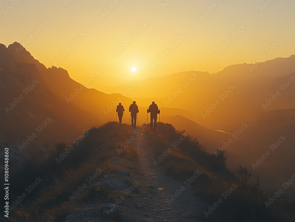 Three hikers walk along a mountain ridge at sunset. The sun is setting behind them, casting a warm glow on the scene. Three hikers walk along a mountain ridge at sunset. The sun is setting behind them, casting a warm glow on the scene.