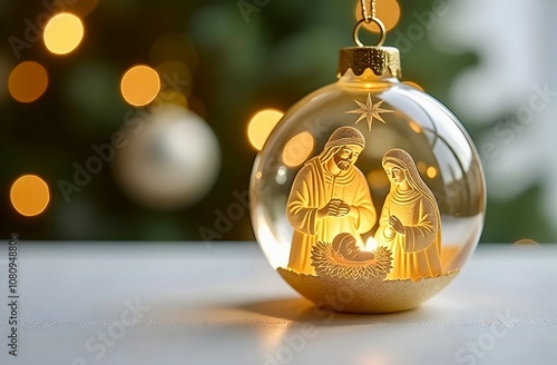 Close-up of Christmas ornament in the form of glass sphere with a golden interior, the ornament illuminates the figures of Joseph, Mary and baby Jesus carved from glass. In front of Christmas tree. photo