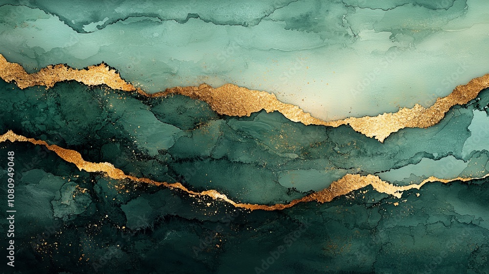 Abstract art featuring teal and gold fluid shapes with a layered texture. Abstract art featuring teal and gold fluid shapes with a layered texture.