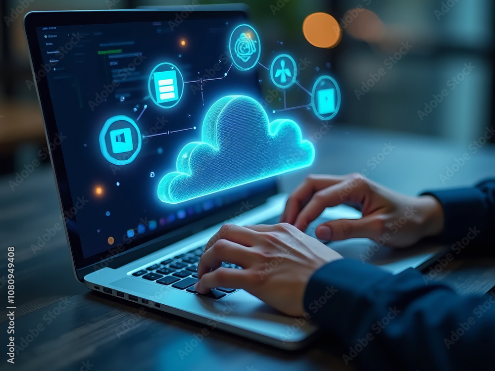 High-Angle View of Hands Typing on Laptop with Cloud Computing Icons, Representing Data Storage, Digital Transformation, and Modern Cloud Technology for Business Solutions and IT Concepts High-Angle View of Hands Typing on Laptop with Cloud Computing Icons, Representing Data Storage, Digital Transformation, and Modern Cloud Technology for Business Solutions and IT Concepts
