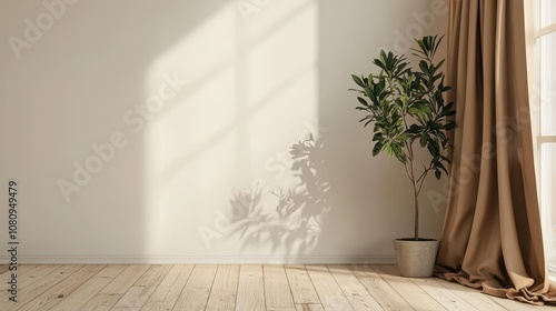 Plant against a white wall with a brown curtain and wood floor  ideal for interior design mockups.