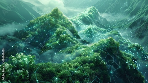 Misty mountain range with a digital network overlay, symbolizing connectivity and technology in nature. photo