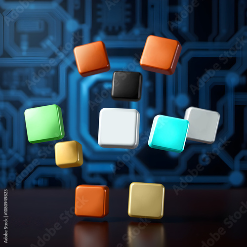 Floating cubes in a dark technical background for modern designs and abstract concepts. Abstract geometric blocks, 3d render, Dummy for Icons