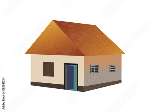 Vector illustration of a small traditional house with orange thatched roof and simple design, ideal for rural architecture and cartoon animation project concept