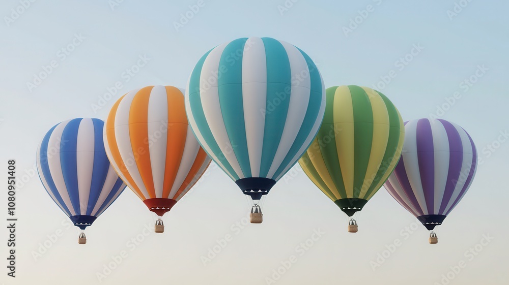 Obraz premium A vibrant display of five colorful hot air balloons floating against a clear sky, showcasing a mix of stripes in orange, green, blue, and purple.
