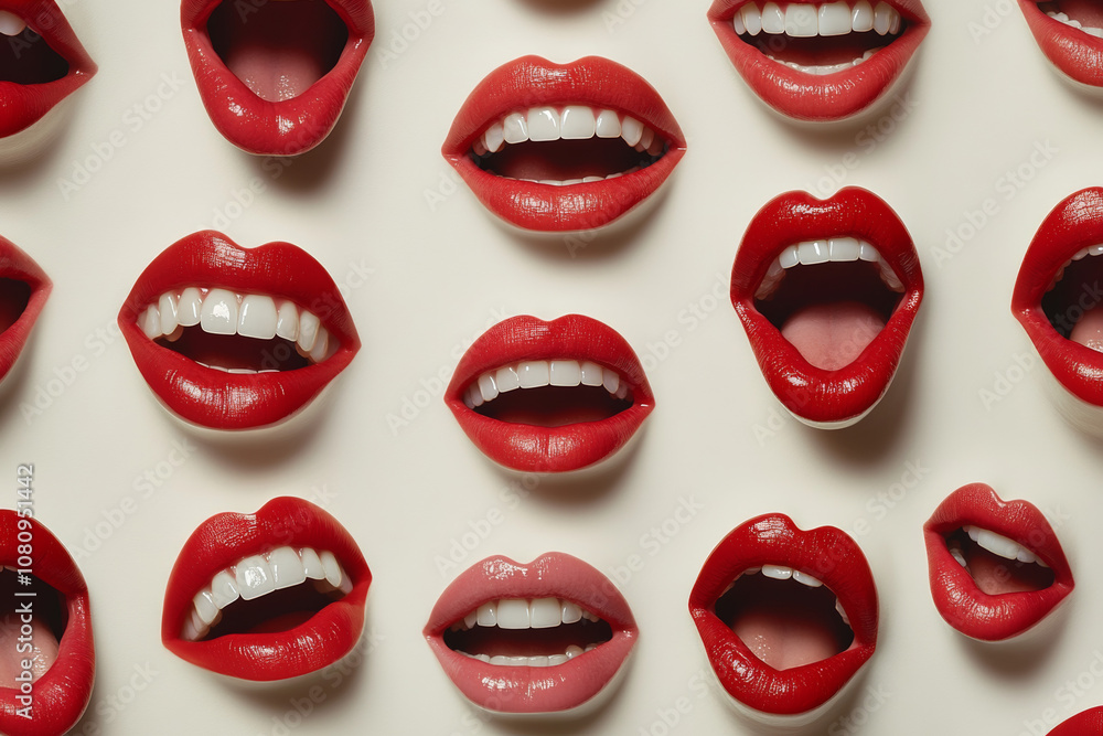 Lots of female smiles with red lipstick on a light background Lots of female smiles with red lipstick on a light background