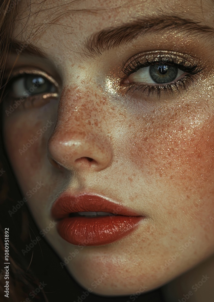 A woman with red lips and a gold eye shadow A woman with red lips and a gold eye shadow