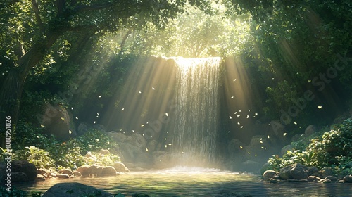 Fototapeta Naklejka Na Ścianę i Meble -  Sunbeams Illuminating Waterfall in Lush Forest