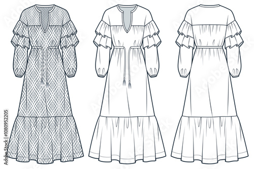 Ruffle Dress technical fashion Illustration, geometric pattern. Boho Dress fashion technical drawing template, v-neck, maxi, balloon sleeve, tiered, front and back view, white, grey, women CAD mockup.