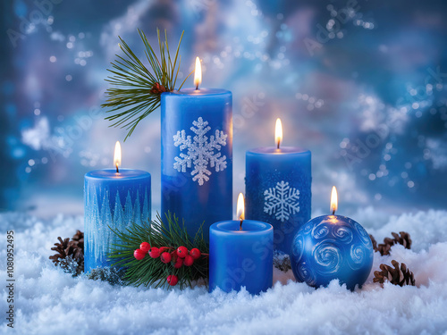 A stunning and enchanting photograph of a festive candle display. There are four beautifully designed blue candles photo