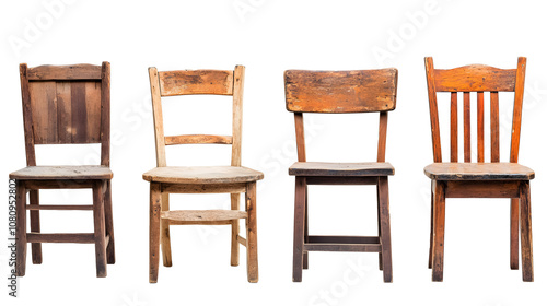 Set of old rustic wooden chairs on a transparent background. isolated background.