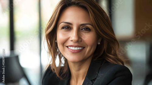 Free Download Confident businesswoman smiling in a modern office, exuding professionalism and success in a portrait - GFXLoad