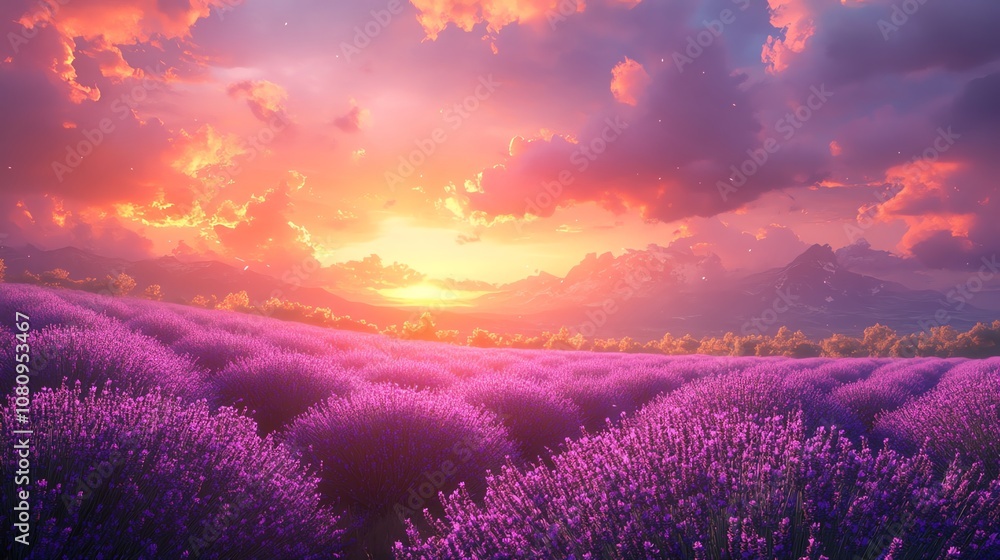 Vibrant sunset over a field of lavender, with soft light illuminating the purple flowers and distant mountains. Vibrant sunset over a field of lavender, with soft light illuminating the purple flowers and distant mountains.