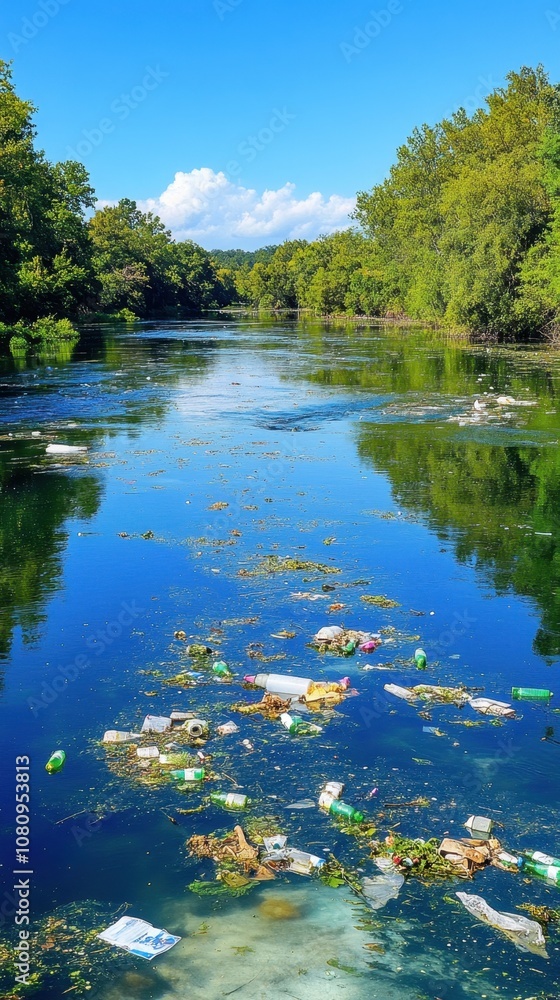 Trash floating in river, community workers cleaning up, clear blue water, lush trees, environmental awareness, green initiatives, calm day Trash floating in river, community workers cleaning up, clear blue water, lush trees, environmental awareness, green initiatives, calm day