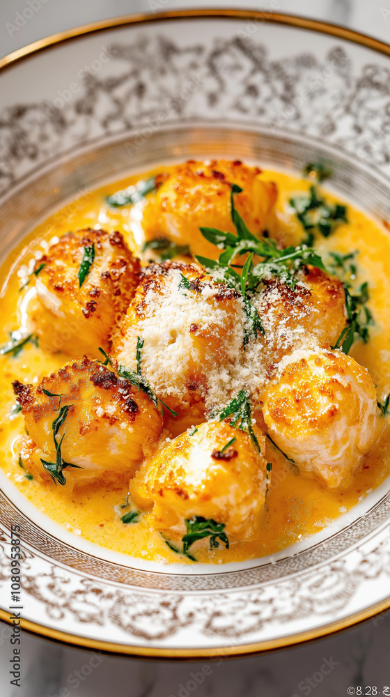 Creamy italian gnocchi with spinach and parmesan garnished in elegant ceramic bowl Creamy italian gnocchi with spinach and parmesan garnished in elegant ceramic bowl